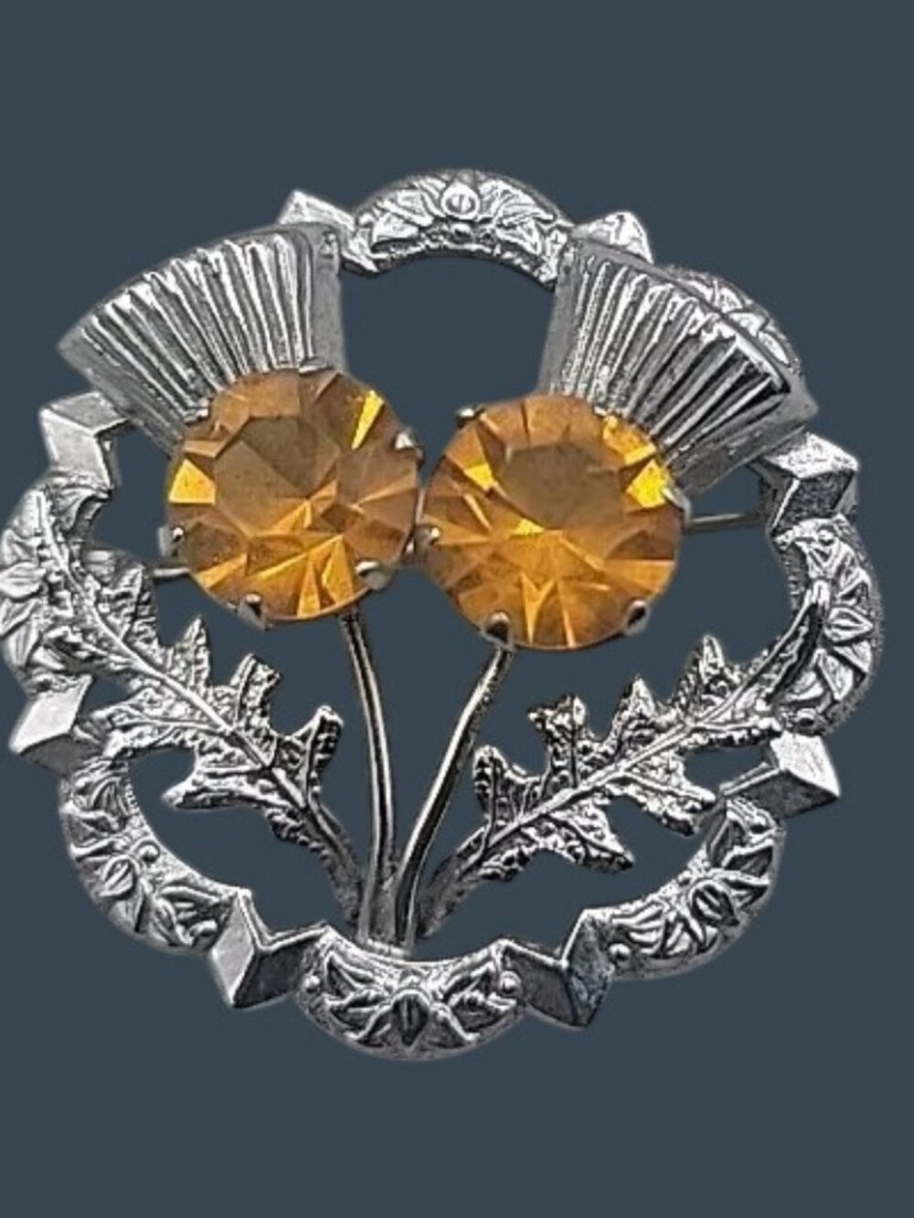 Mizpah Scottish Thistle Brooch Celtic Topaz Rhinestone Vintage Silver Tone